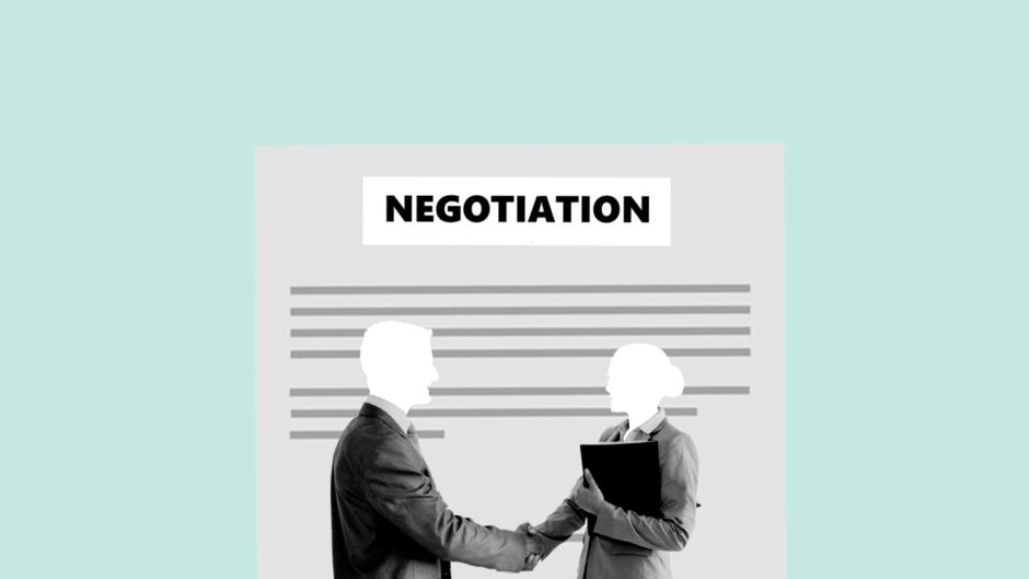 A black-and-white illustration depicts two individuals dressed in business attire engaged in a handshake in front of a large document titled 'NEGOTIATION'. The man on the left is wearing a suit and ti