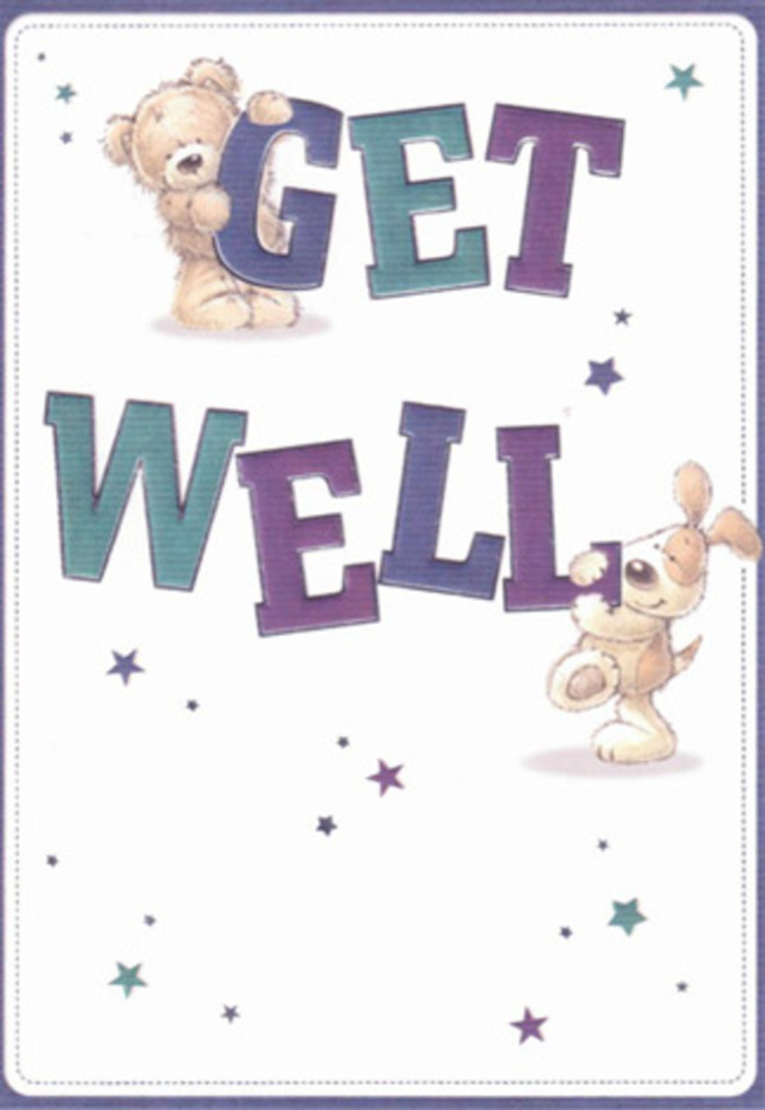 This illustrated get well card brings a heartfelt message alive with playful artistry: a chubby bear and a spirited puppy, each rendered in soft, inviting watercolours, cradle the exuberant, oversized letters of 'Get Well.' Their joyous forms-bear's gentle paw resting on rounded text, pup's floppy ears and tender muzzle nuzzling below-are surrounded by glimmering stars in every shade from indigo to shimmering teal, suggesting wishes lifted high above the Thames as it winds through Twickenham. The background's creamy white radiates freshness and calm, qualities central to any restorative floral arrangement. One can sense the imagined textures: the bear's downy fur, the puppy's velvety ears, both echoing the tactile delight of lush petals and foliage. The confident, layered font anchors the design, its purple and aqua hues reminiscent of late-summer blooms. The whole composition radiates optimism and heartfelt comfort-qualities we cherish at Twickenham Florist, known among the locals near York House for thoughtful, expressive bouquets. Together, illustration and message embody the spirit of community care: a get well wish as sincere and uplifting as a hand-delivered arrangement, meant to bring light, positivity, and a tender touch to difficult moments.